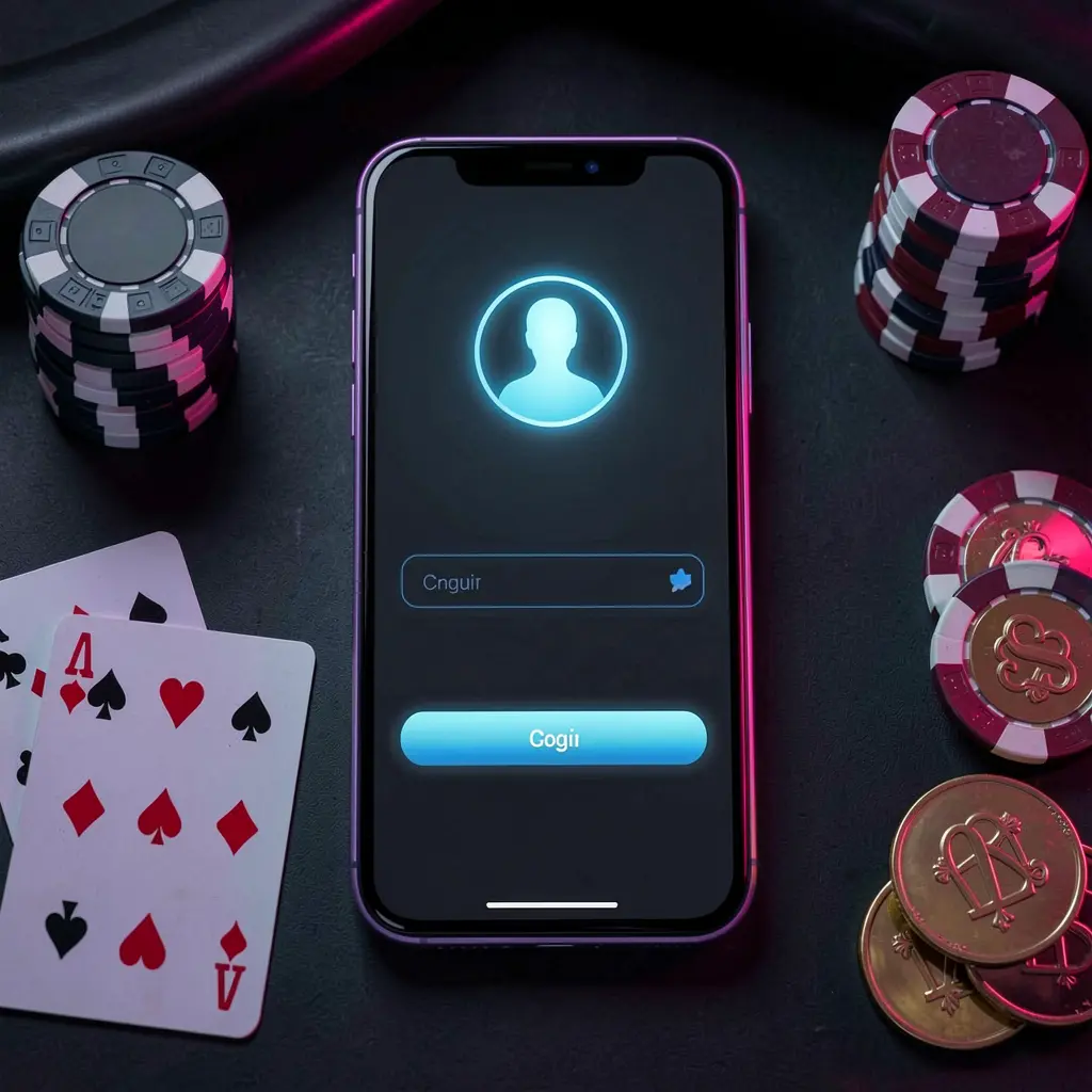 KL234 casino app login scene on smartphone with glowing user profile icon, surrounded by chips, cards, and coins against an elegant dark background with neon highlights