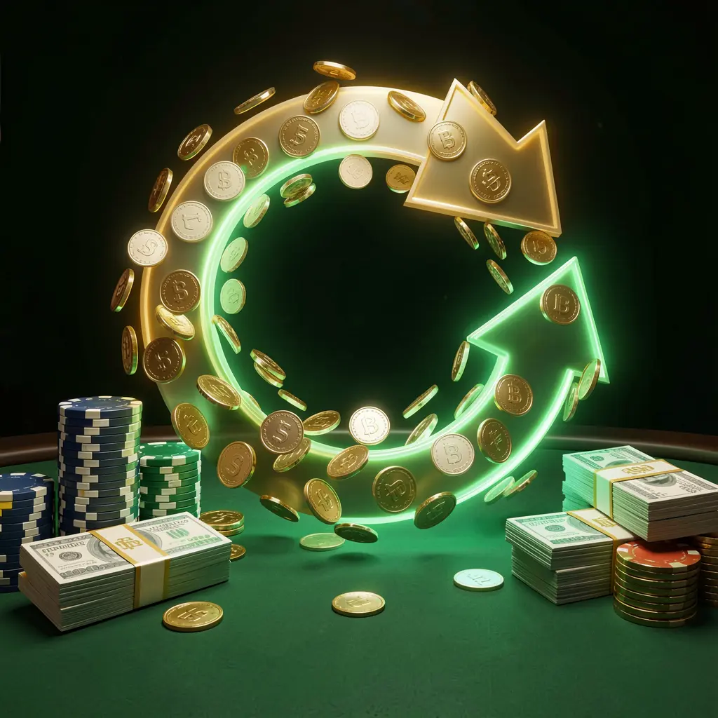 Realistic 3D render of a cashback casino bonus scene featuring coins moving in a circular arrow, stacks of chips, and cash bundles with green and gold glow, showcasing KL234 brand in Malaysia