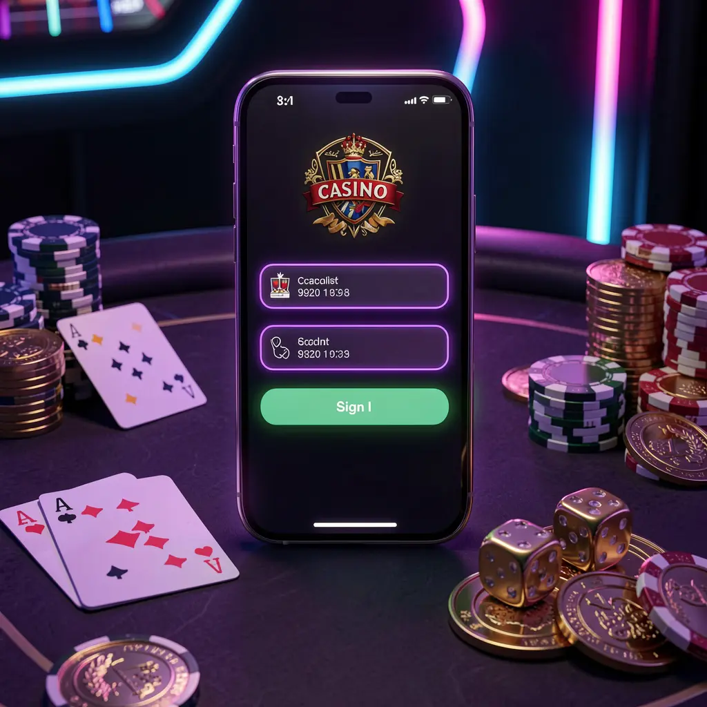 KL234 casino account sign in scene with a glowing smartphone on a casino table surrounded by cards, chips, dice, and gold coins against an elegant dark background with neon highlights