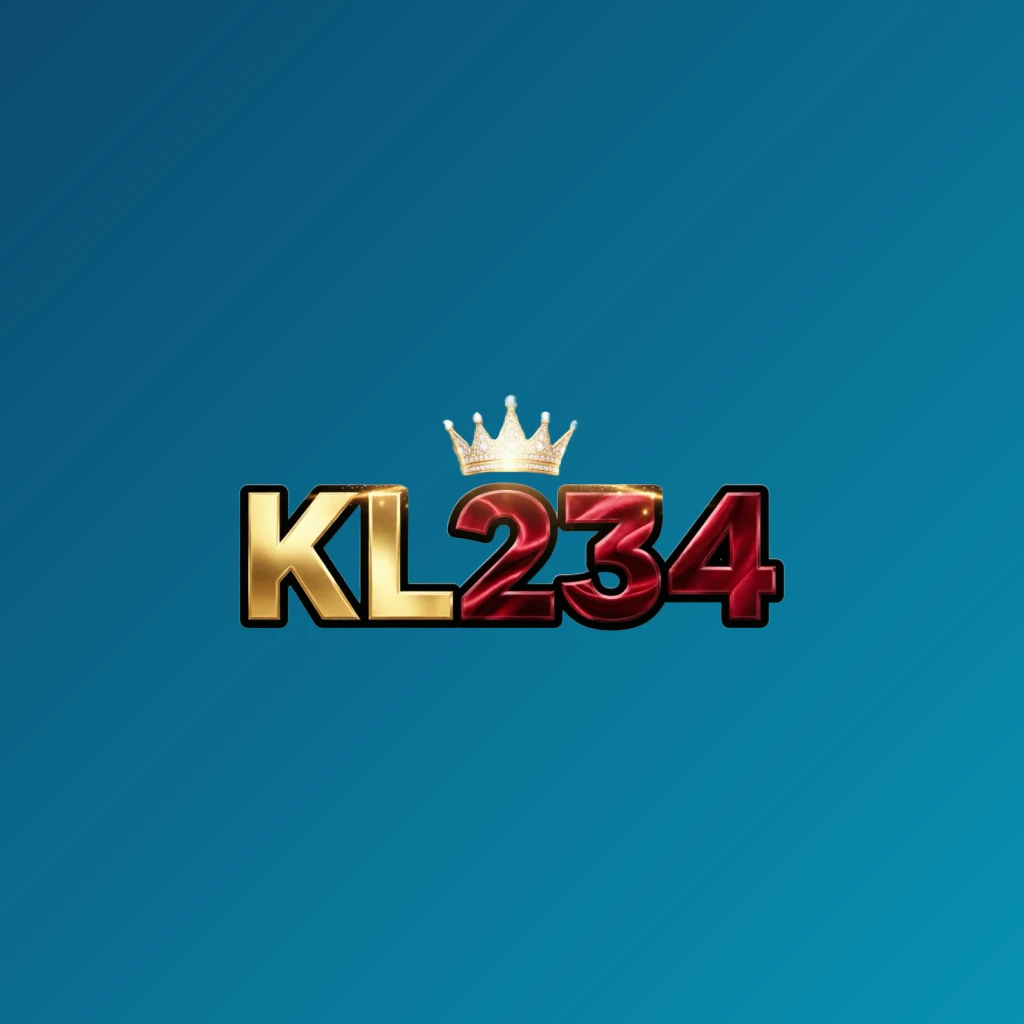 KL234 dynamic casino-style logo with massive bold gold and crimson lettering, glowing crown, and sparkling light effects on a transparent background, designed as a wide horizontal wordmark for a website header