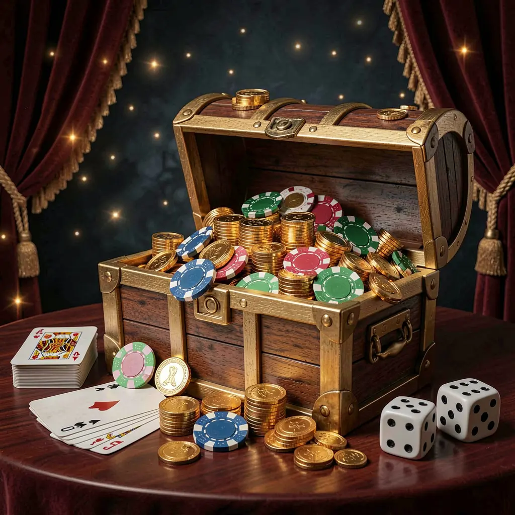 KL234 online casino welcome banner featuring a treasure chest filled with golden coins and casino chips, surrounded by playing cards and dice against a dark luxury background with a festive premium atmosphere